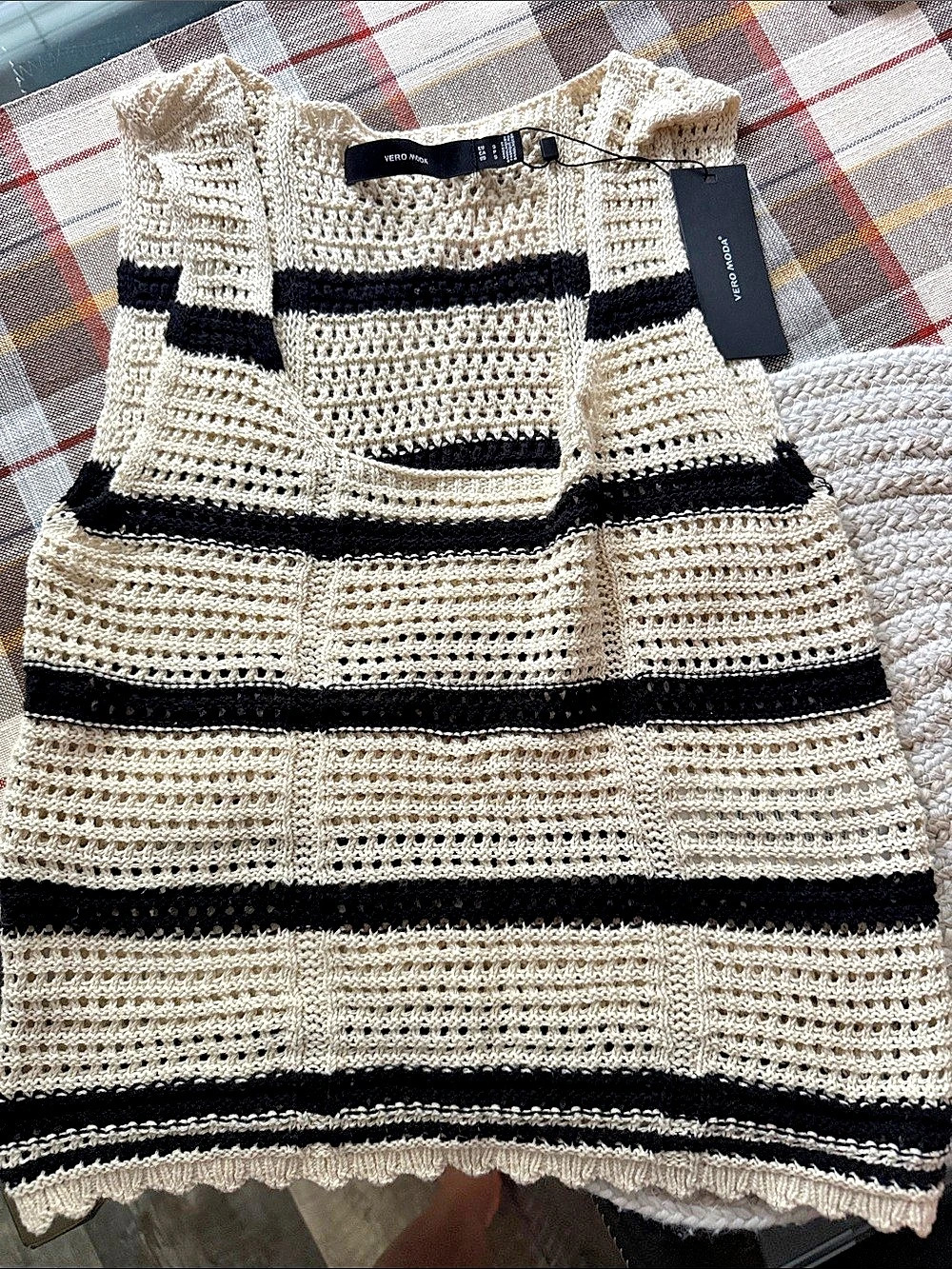 Striped Crochet Tank Top in Cream & Black NWT